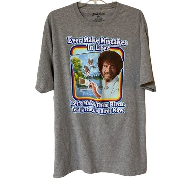 Bob Ross Men’s Gray Ever Make Mistakes in Life Graphic Shirt - Picture 1 of 7